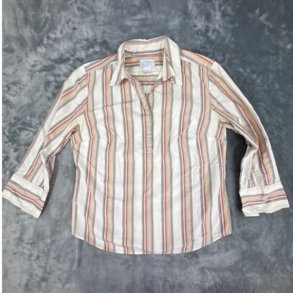Ann Taylor LOFT Small Striped Cotton 3/4 Sleeve Button Down Shirt White Tan‎